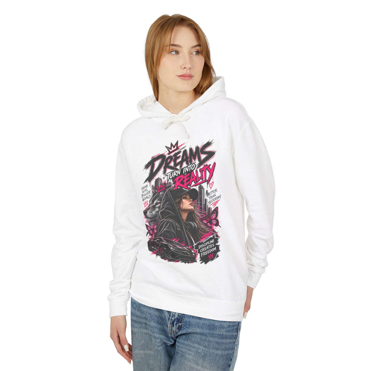 Hoodie — "Dreams Turn Into Reality" Graphic Pullover